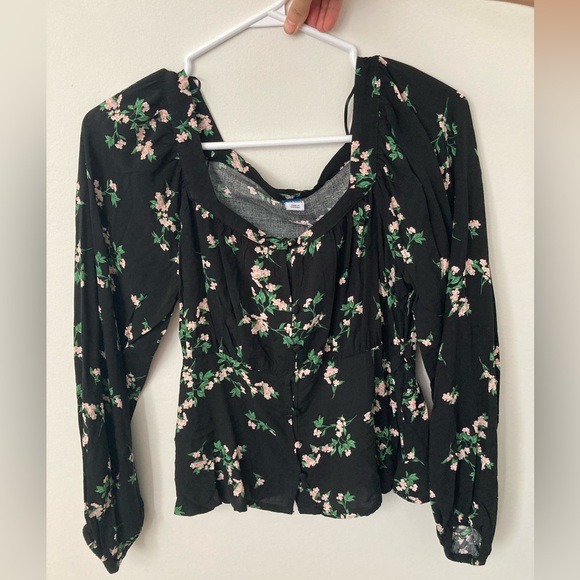 Deep neck long sleeves blouse flowery - Picture 2 of 3